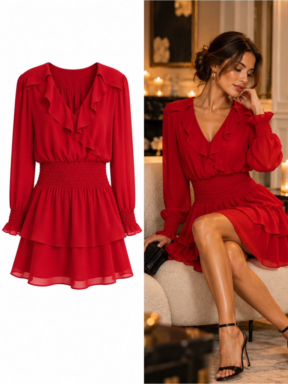 Parker Maisy Smocked V-Neck Tiered Silk Blend Dress Ruby Red Size Small
